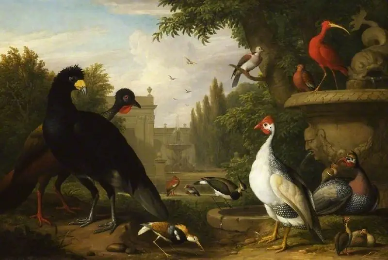 Exotic fowl in an ornamental garden beside a stone vase, a fountain beyond, by Jakob Bogdani