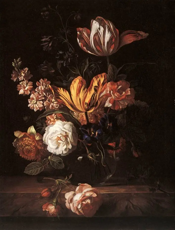 Flowers in a glass vase, by Jakob Bogdani