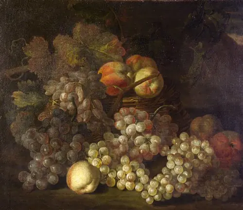 Fruit in a Wicker Basket: Grapes and Peaches, by Jakob Bogdani