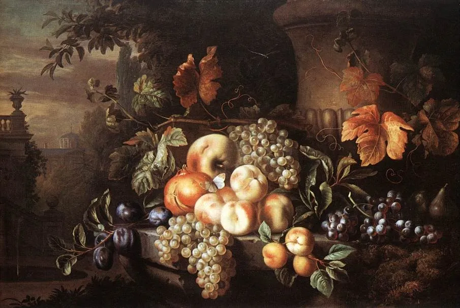 Fruit-piece with Stone Vase, by Jakob Bogdani, oil, 1701