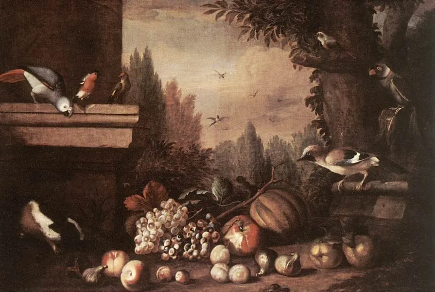 Fruit with Birds and Guinea-pig, by Jakob Bogdani, oil, 1701