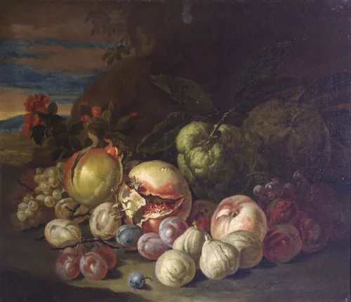 Still life of fruits with pomegranates and figs, by Jakob Bogdani, oil, 1700