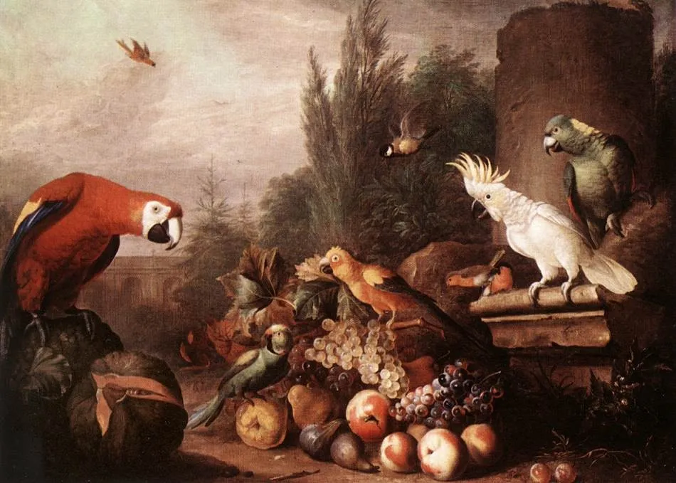 Still-life with Fruits, Parrots and White Cockatoo, by Jakob Bogdani, oil, 1710