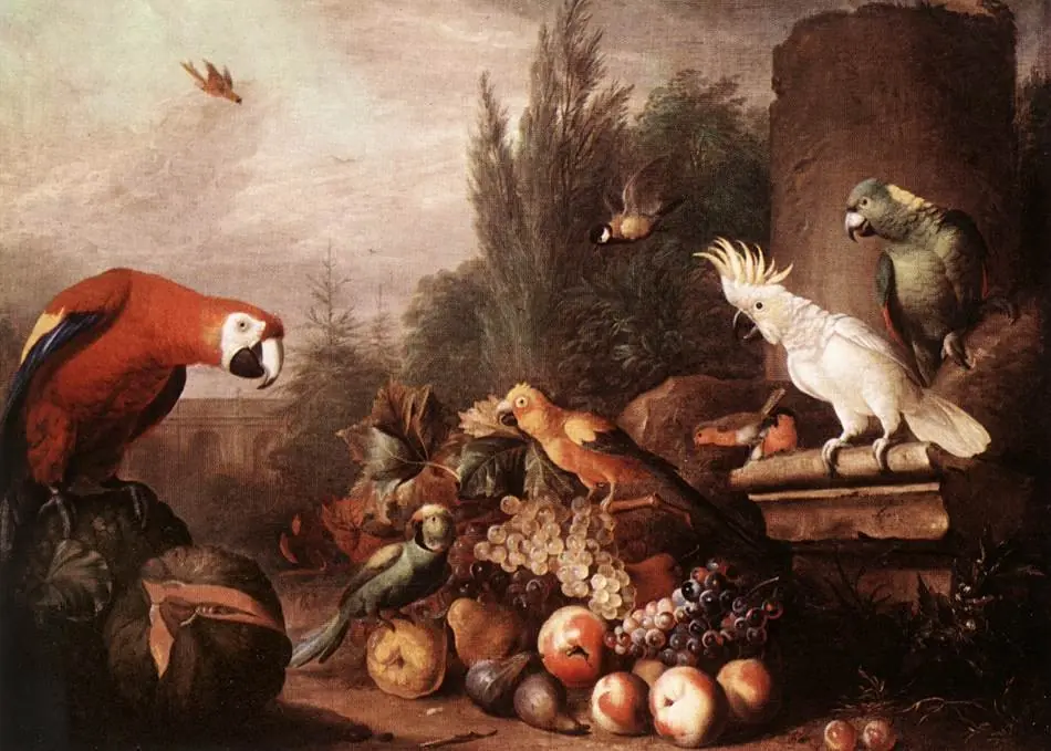 Still-life with Fruits, Parrots and White Cockatoo, by Jakob Bogdani