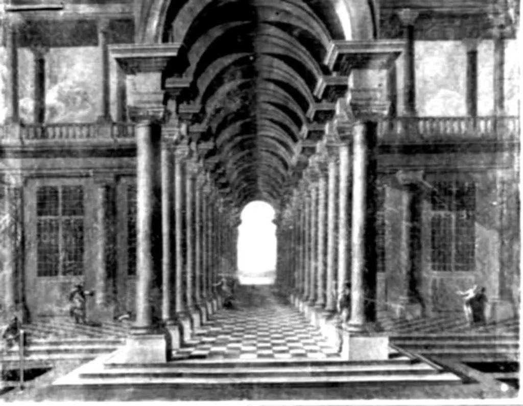 Sală cu coloane; pandant: Fântână arteziană cu obeliscuri, by Jakob Ferdinand Saeys, unspecified, 1725