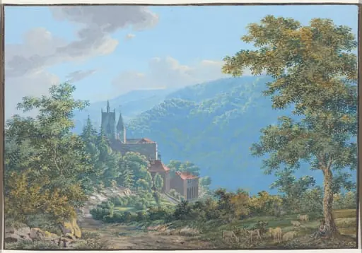 A Fortress in a Mountain Landscape at Sunrise, by Jakob Wilhelm Huber
