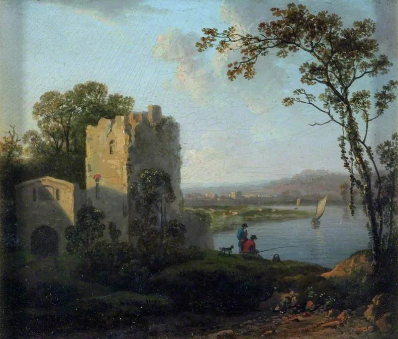 Landscape: Tower on the Bank of a River with Two Men Fishing, by James Arthur O'Connor, unspecified, 1826