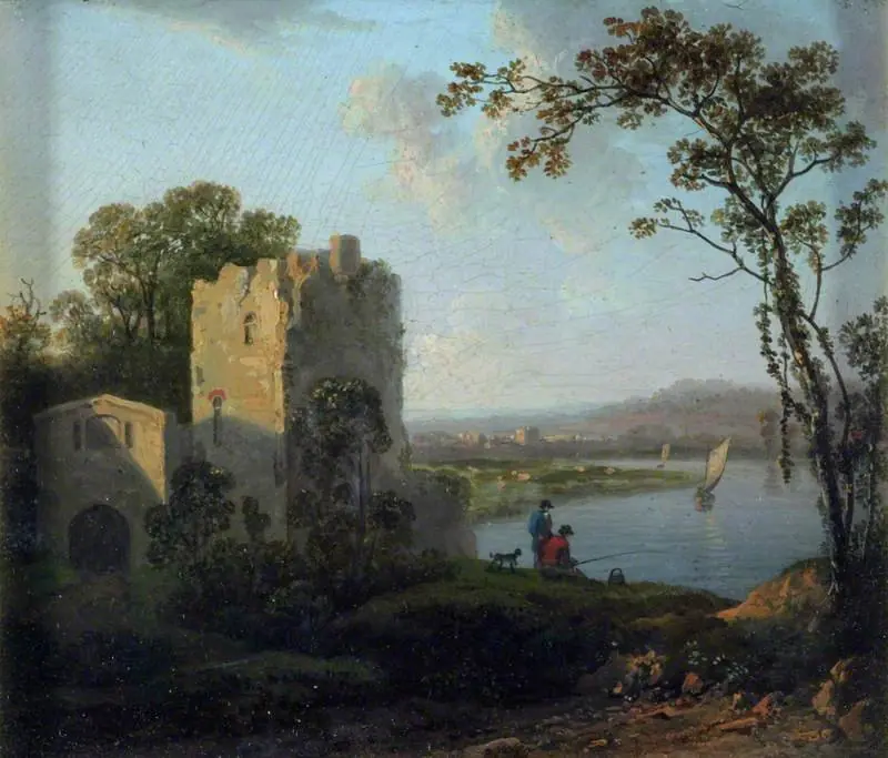 Landscape: Tower on the Bank of a River with Two Men Fishing, by James Arthur O'Connor