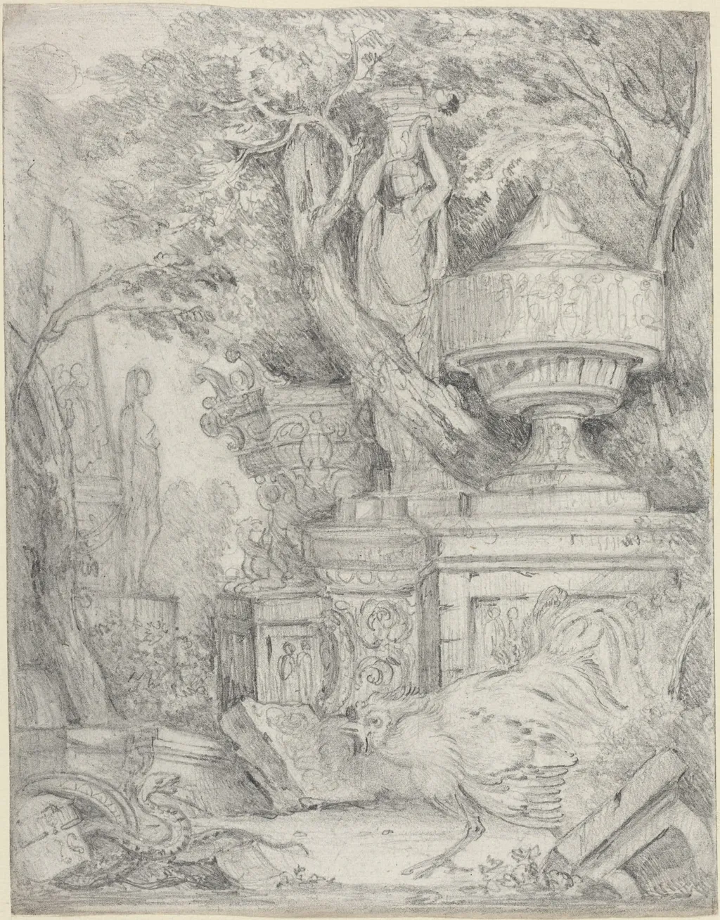 Ancient Sculptures with a Cock Fighting a Snake, by James 'Athenian' Stuart, graphite, 1750