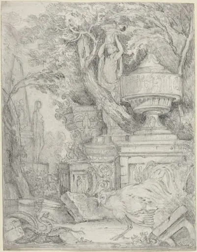 Ancient Sculptures with a Cock Fighting a Snake, by James 'Athenian' Stuart