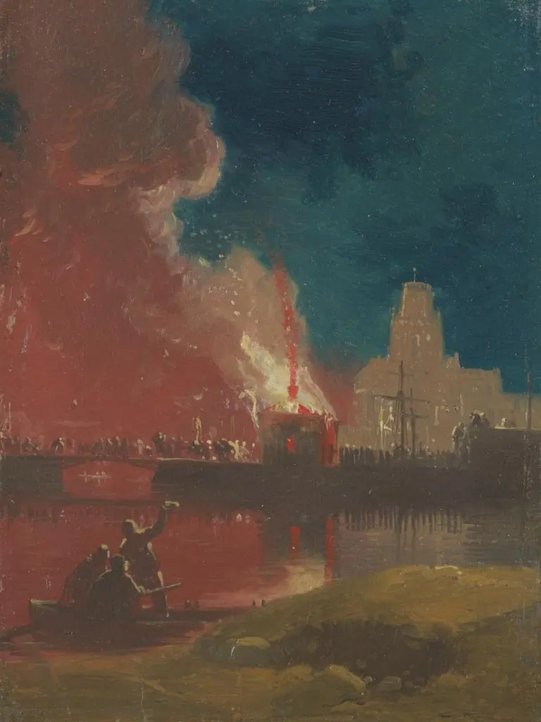 The Burning of the Toll-Houses on Prince Street Bridge with St Mary Redcliffe, Bristol, by James Baker Pyne