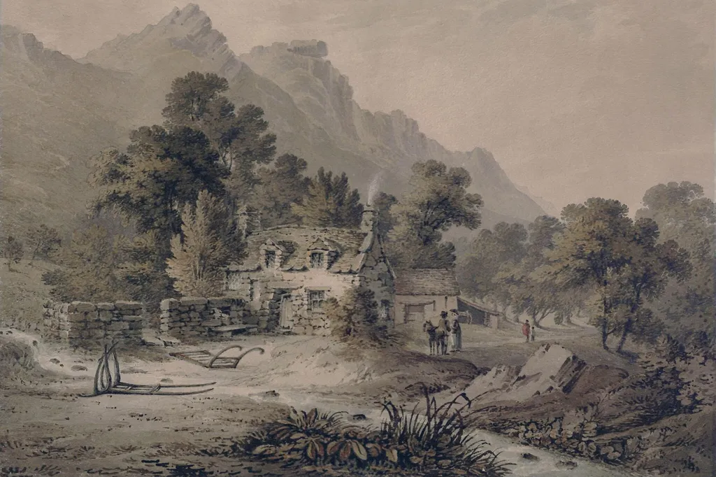 A cottage near Dolgelly, by James Bourne, watercolor, 1800
