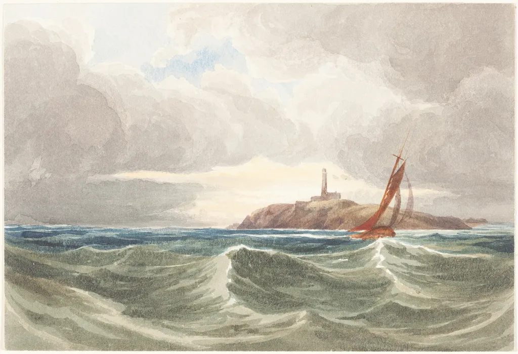 Seascape with Lighthouse, by James Bulwer, watercolor, 1834