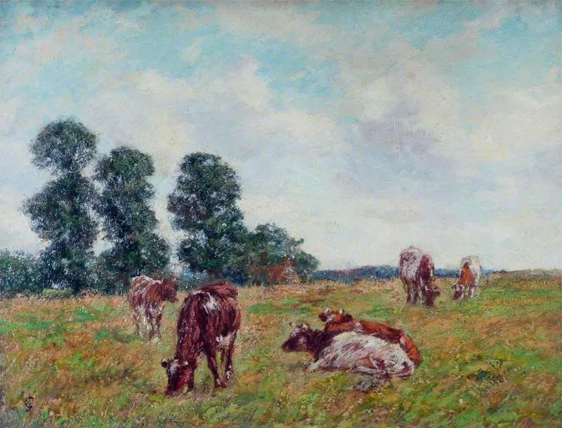 Meadow Scene with Cattle and Trees, by James Charles, oil, 1888