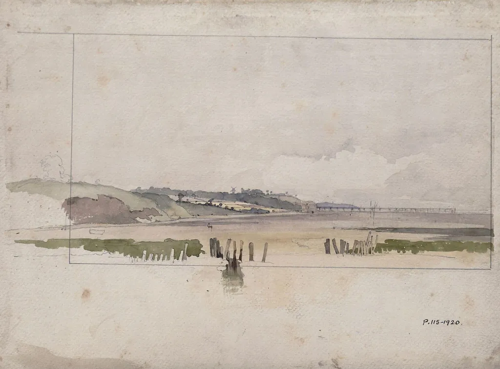 Coast View with Pier and Windmill, by James Chisholm Gooden, watercolor, 1835