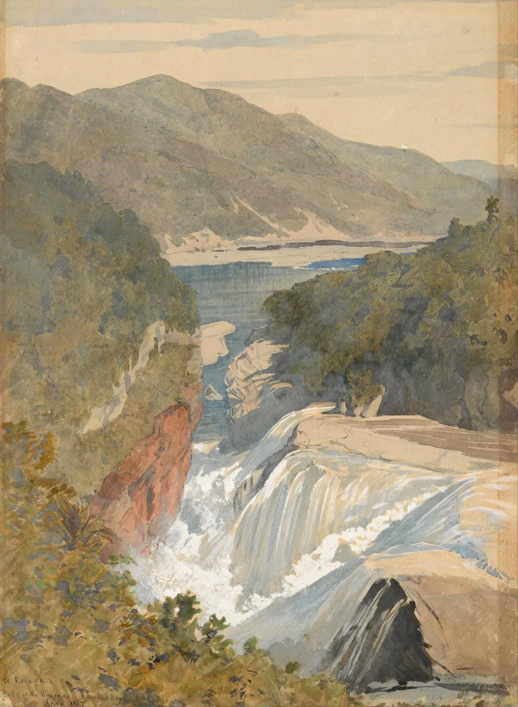 Te Reinga, Falls of the Wairoa. Hawke's Bay, by James Crowe Richmond, watercolor, 1867