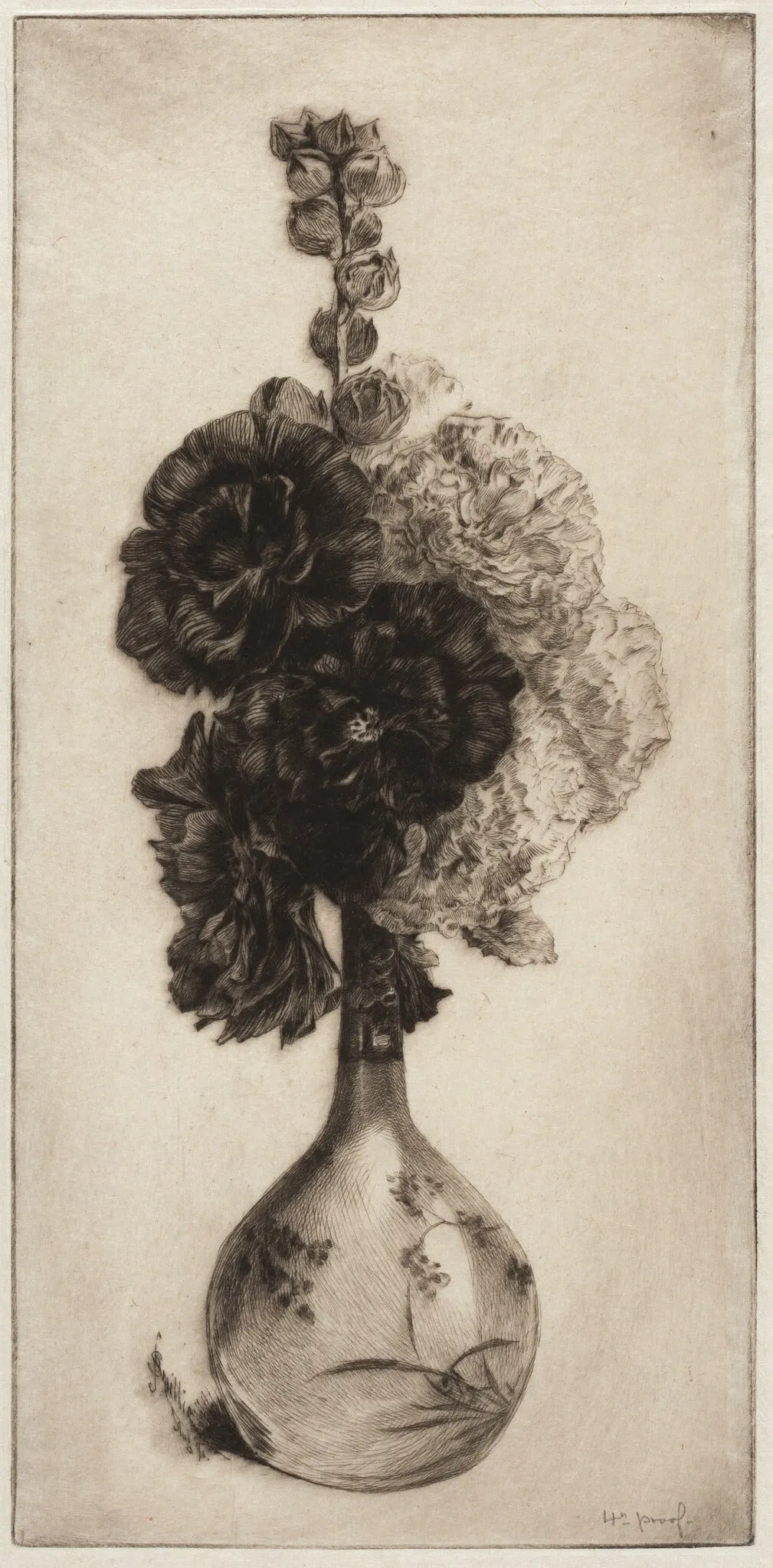Hollyhocks in a Long-necked Vase, by James David Smillie, ink, 1891