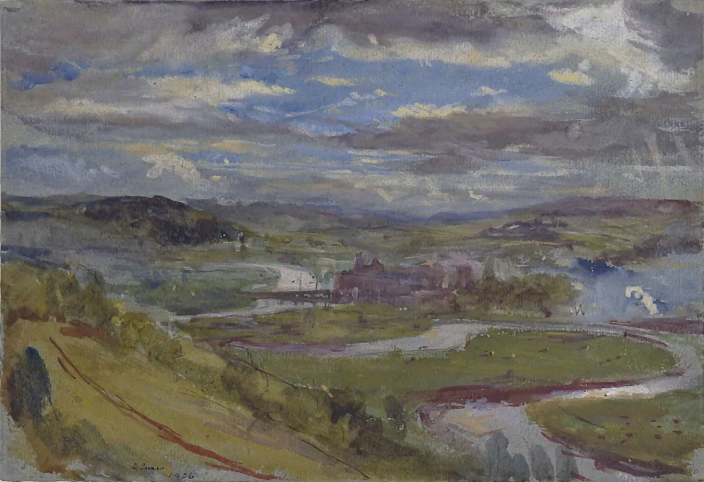 View over a wide landscape, by James Dickson Innes, watercolor, 1906