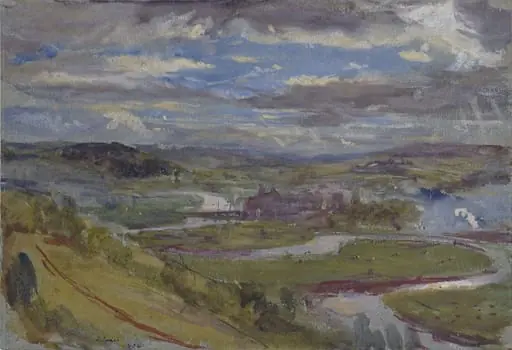 View over a wide landscape, by James Dickson Innes