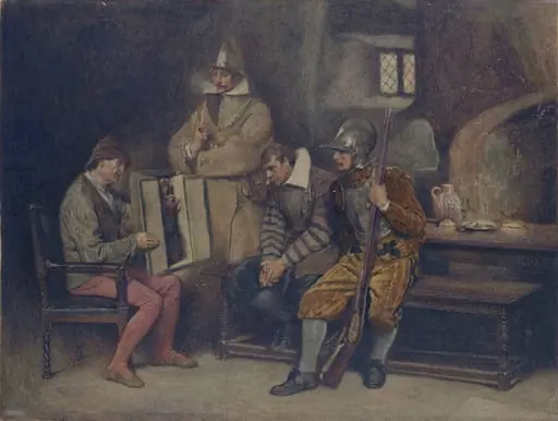 The Reliquary : An old man exhibiting a group of the Virgin and Child to Spanish soldiers, by James Dromgole Linton