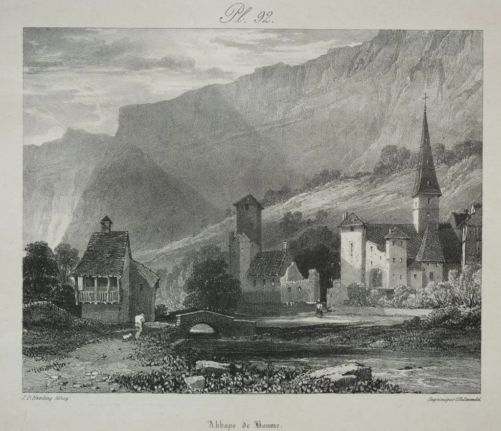 Voyages pittoresques et romantiques dans l'ancienne France. Franche Comté: Abbaye de Baume, Baume-les-Messieurs, by James Duffield Harding, 1825
