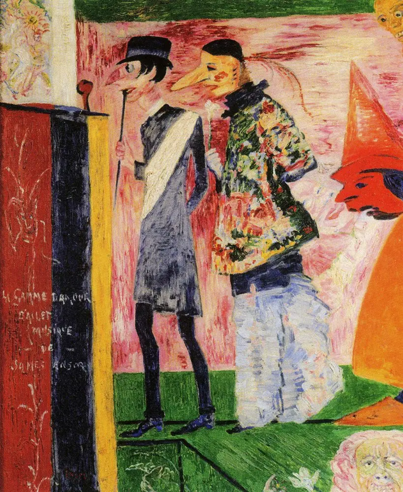 Figures in Front of a Poster of La Gamme d’amour (after The Entry of Christ into Brussels in 1889), by James Ensor