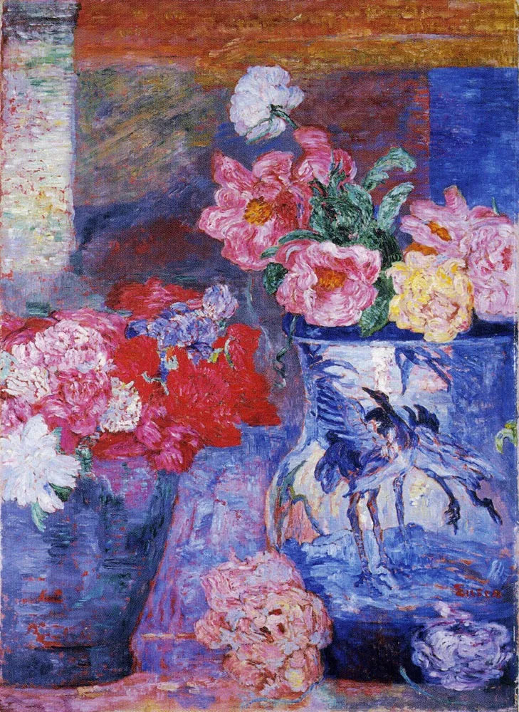 Flowers and blue vase, by James Ensor, unspecified, 1909