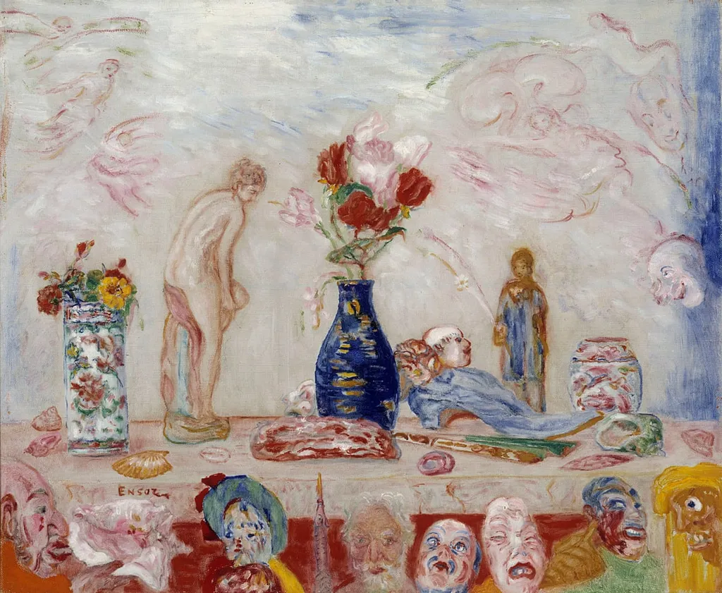 Naamioiden vallan alla, by James Ensor, unspecified, 1910
