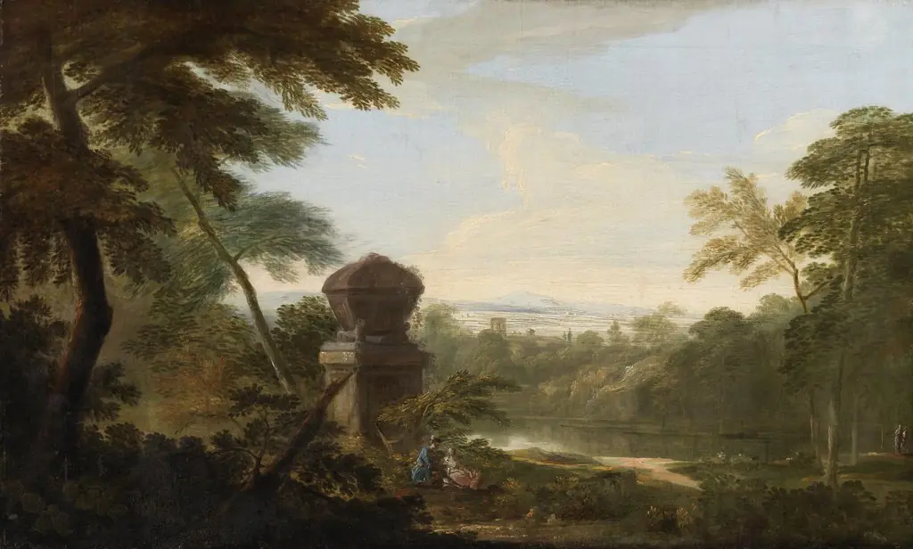 An Italianate Landscape with Figures by a Tomb, by James Forrester