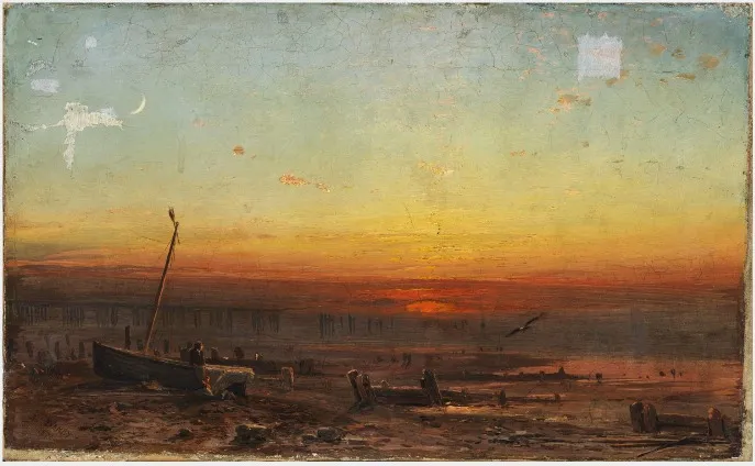 A Boat and Breakwater by the Seashore at Sunset, by James Francis Danby, oil, 1871
