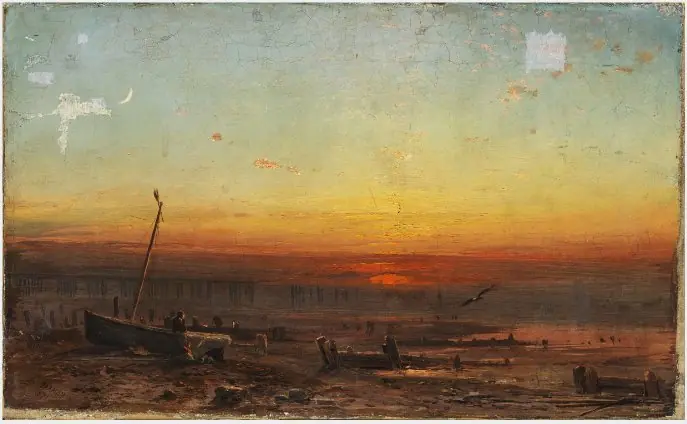 A Boat and Breakwater by the Seashore at Sunset, by James Francis Danby