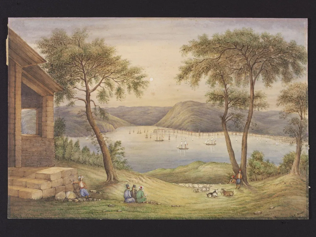 Büyükdere on the Bosphorus from the Giant's Grave, by James Fuller Boxer, watercolor, 1855