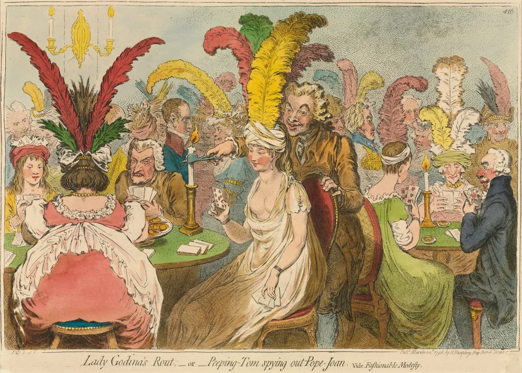 Lady Godina's Rout;-or-Peeping-Tom Spying out Pope-Joan, by James Gillray, 1796