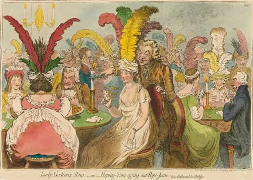 Lady Godina's Rout;-or-Peeping-Tom Spying out Pope-Joan, by James Gillray