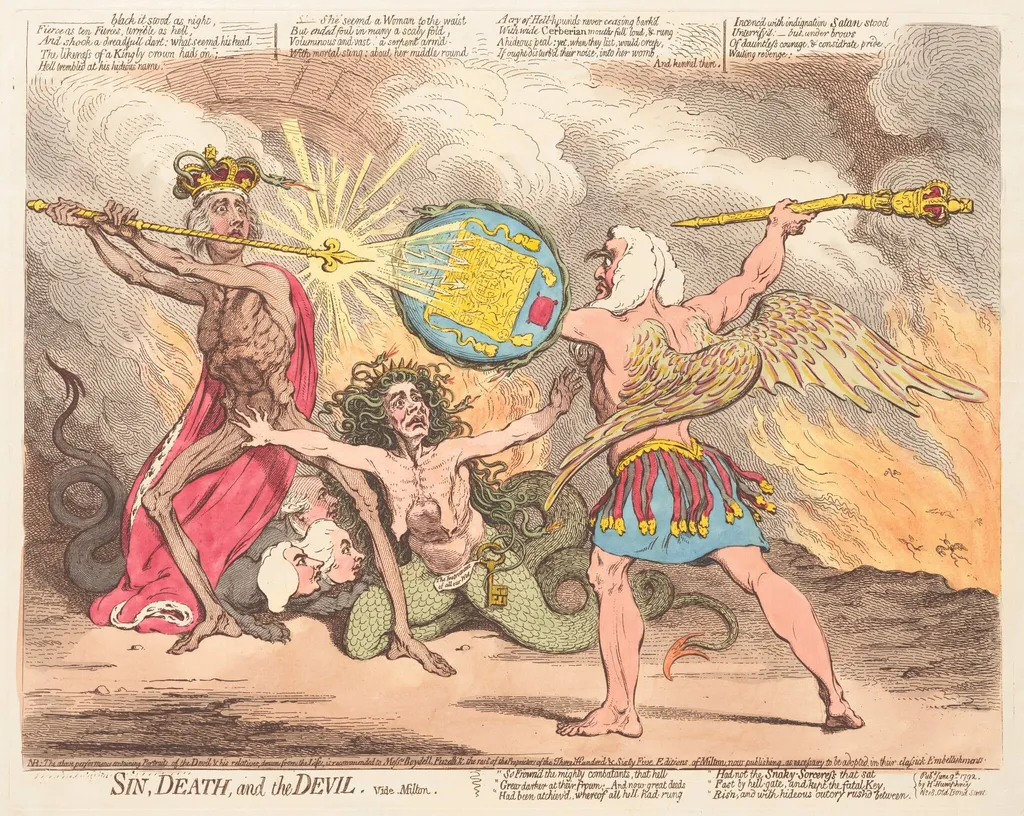 Sin, Death, and the Devil, vide Milton, by James Gillray, watercolor, 1792