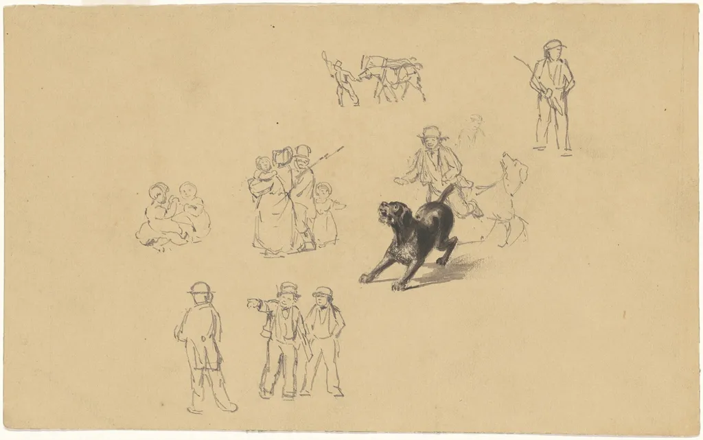 Barking Dog and Studies for "Militia Training", by James Goodwyn Clonney, graphite, 1841
