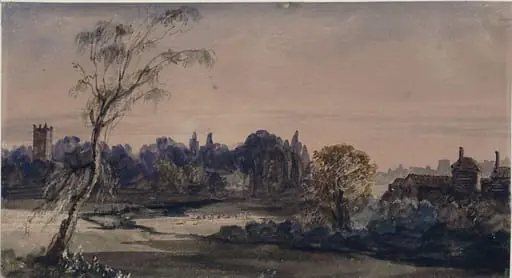 Landscape with buildings and trees, by James Holland