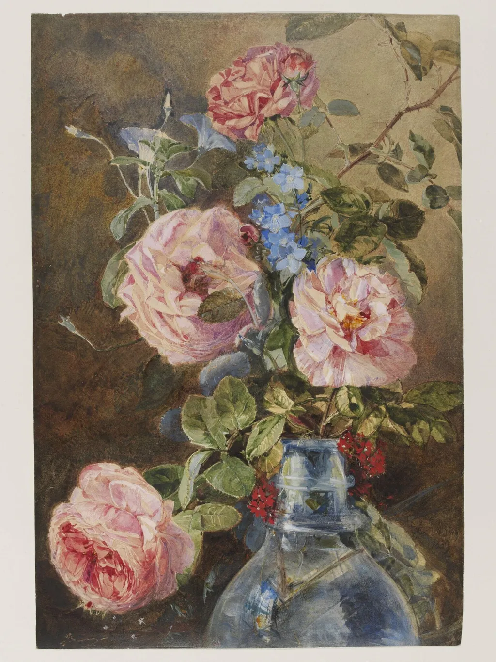 Roses, Convolvulus and Delphiniums in a Glass Vase, by James Holland, watercolor, 1839