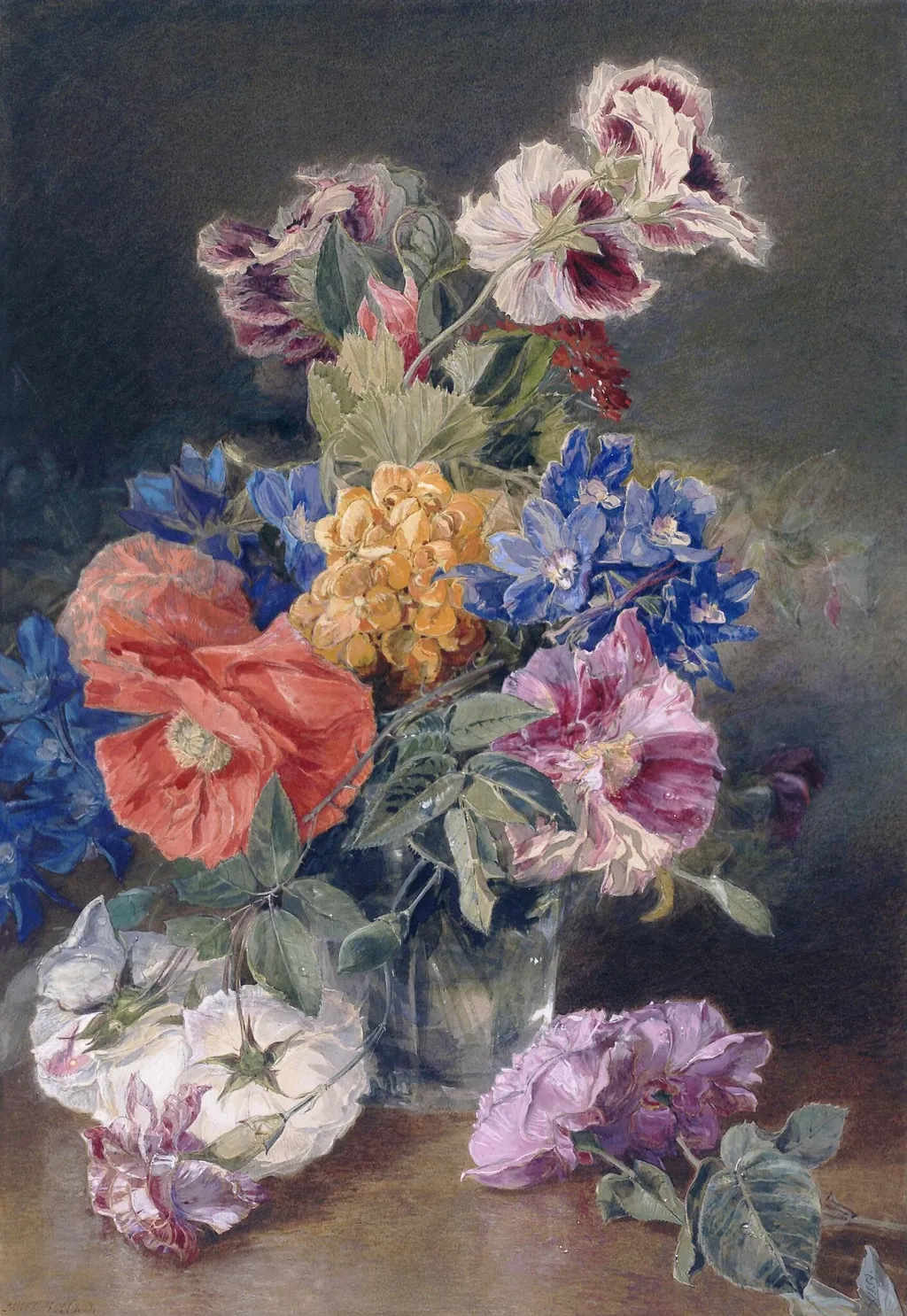 Roses, Poppy, Pelargonia, Delphinium and Calceolarias in a Glass Vase, by James Holland, watercolor, 1859