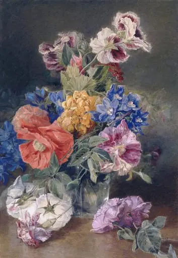 Roses, Poppy, Pelargonia, Delphinium and Calceolarias in a Glass Vase, by James Holland