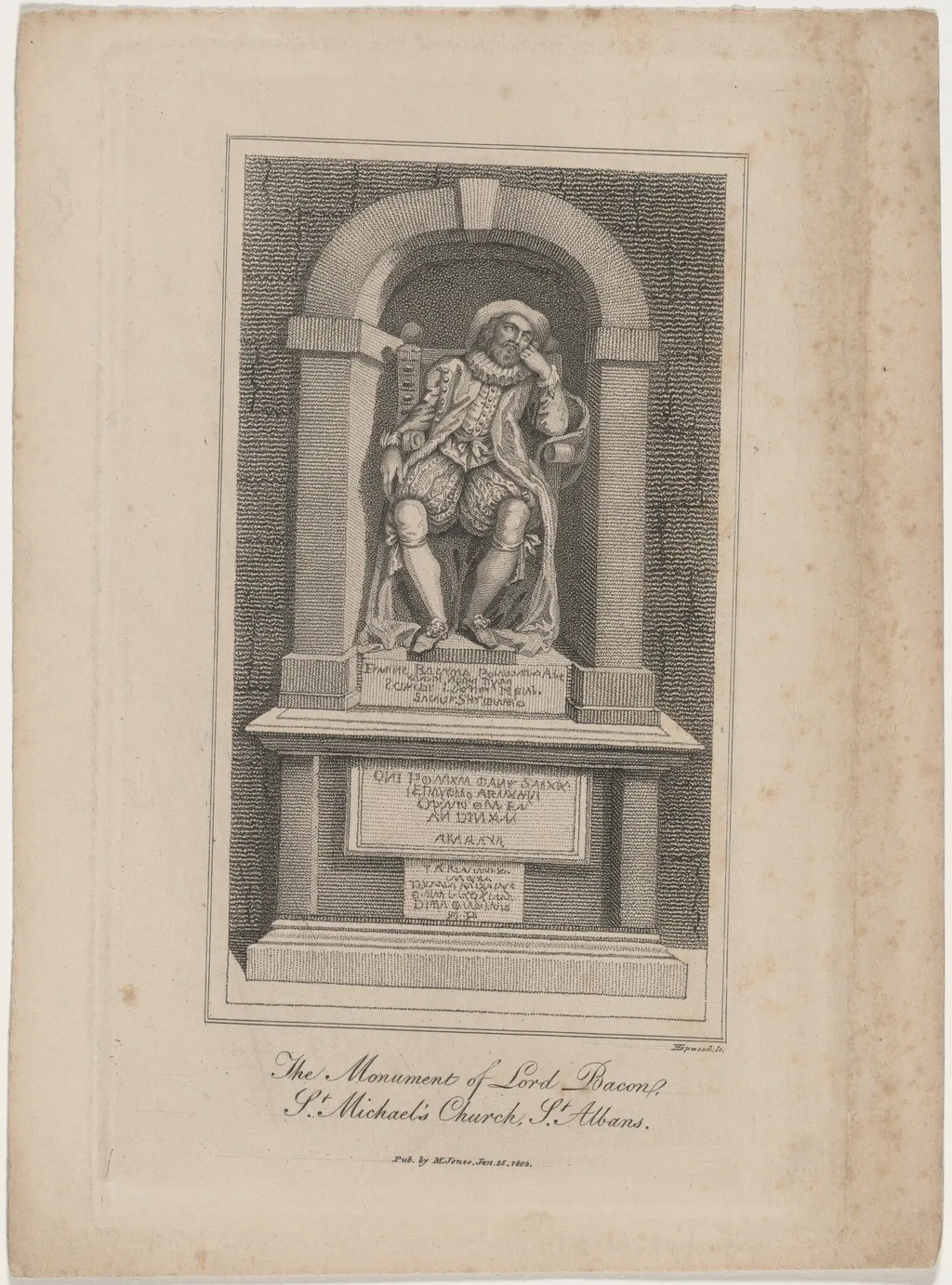 The Monument of Lord Bacon, Saint Michael's Church, by James Hopwood I, ink, 1786