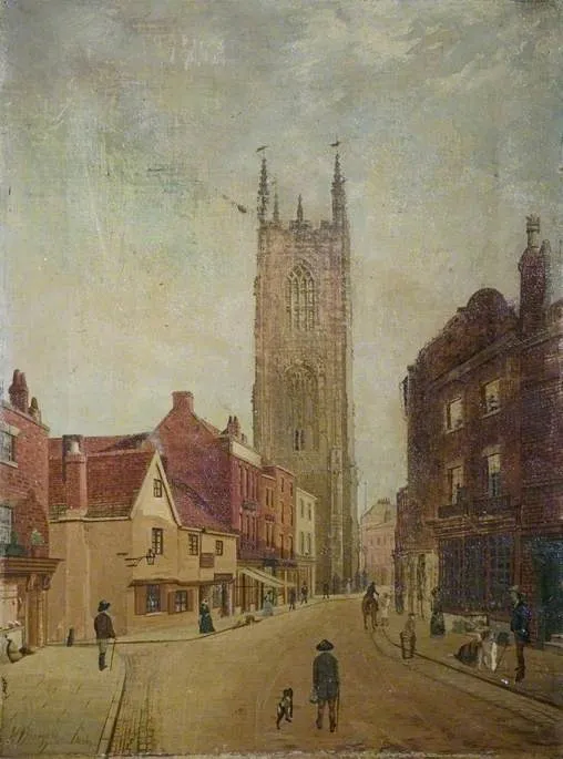 All Saints' Church Tower, Queen Street, Derby, by James Howard Burgess, oil, 1892