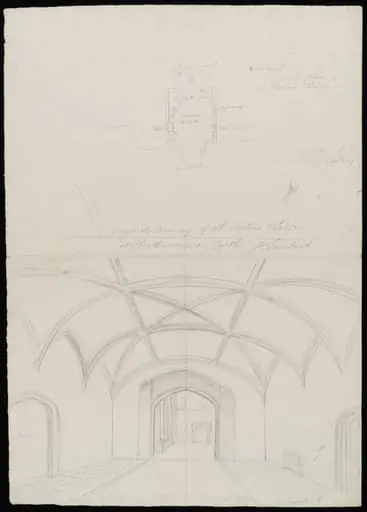 Interior, with sketch plan, of porter's lodge., by James Lambert senior
