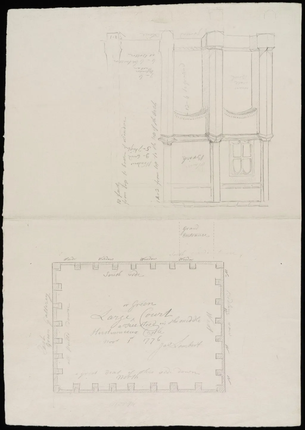 Plan, and elevation of two bays, of Green Court., by James Lambert senior, 1