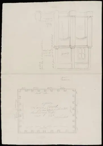Plan, and elevation of two bays, of Green Court., by James Lambert senior