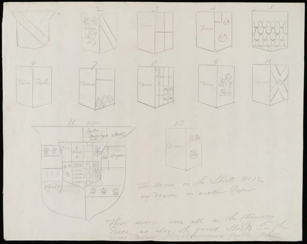 Sketches of coats of arms on chimney-piece of Great Parlour., by James Lambert senior, 1776