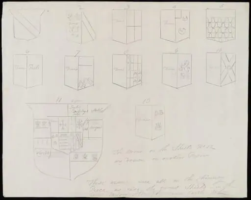 Sketches of coats of arms on chimney-piece of Great Parlour., by James Lambert senior