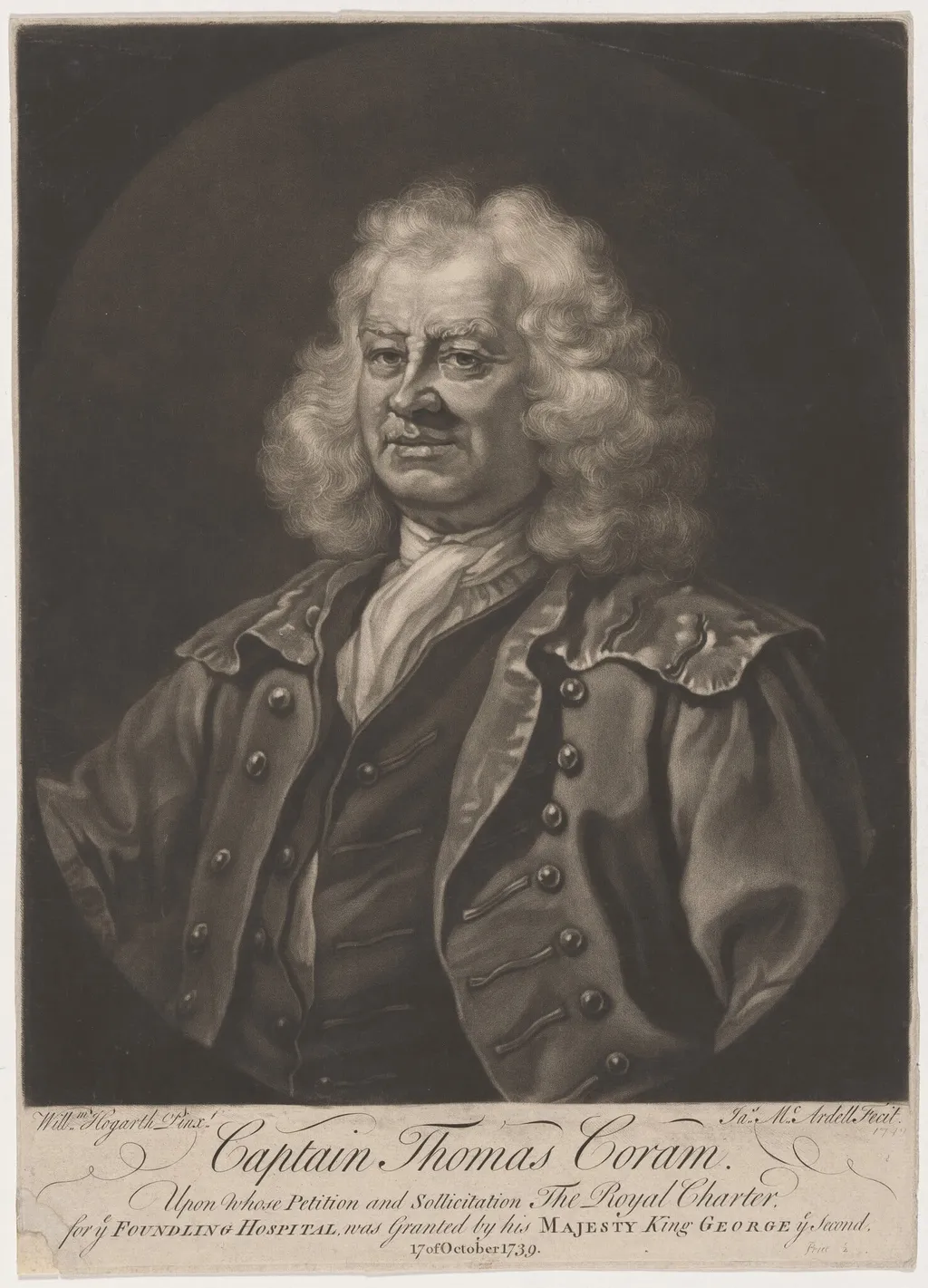 Captain Thomas Coram, by James MacArdell, ink, 1749