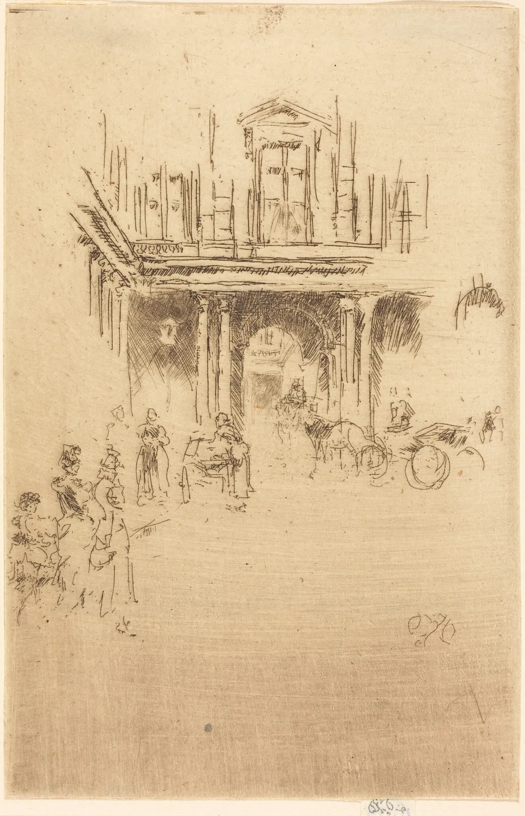 A Corner of the Palais Royal, by James McNeill Whistler, ink, 1884
