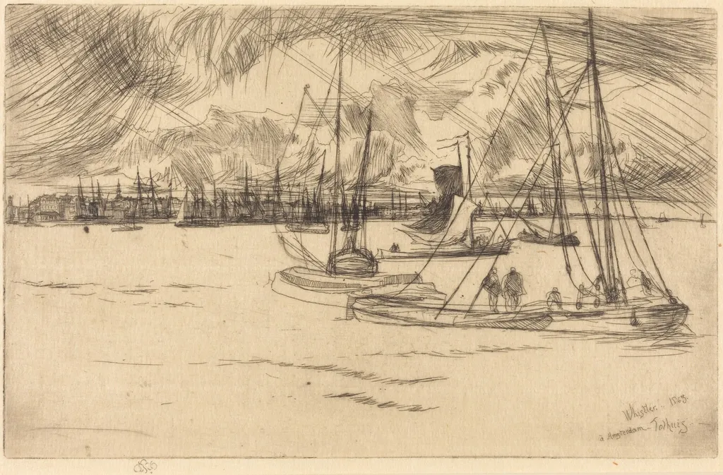 Amsterdam from the Tolhuis, by James McNeill Whistler, ink, 1863